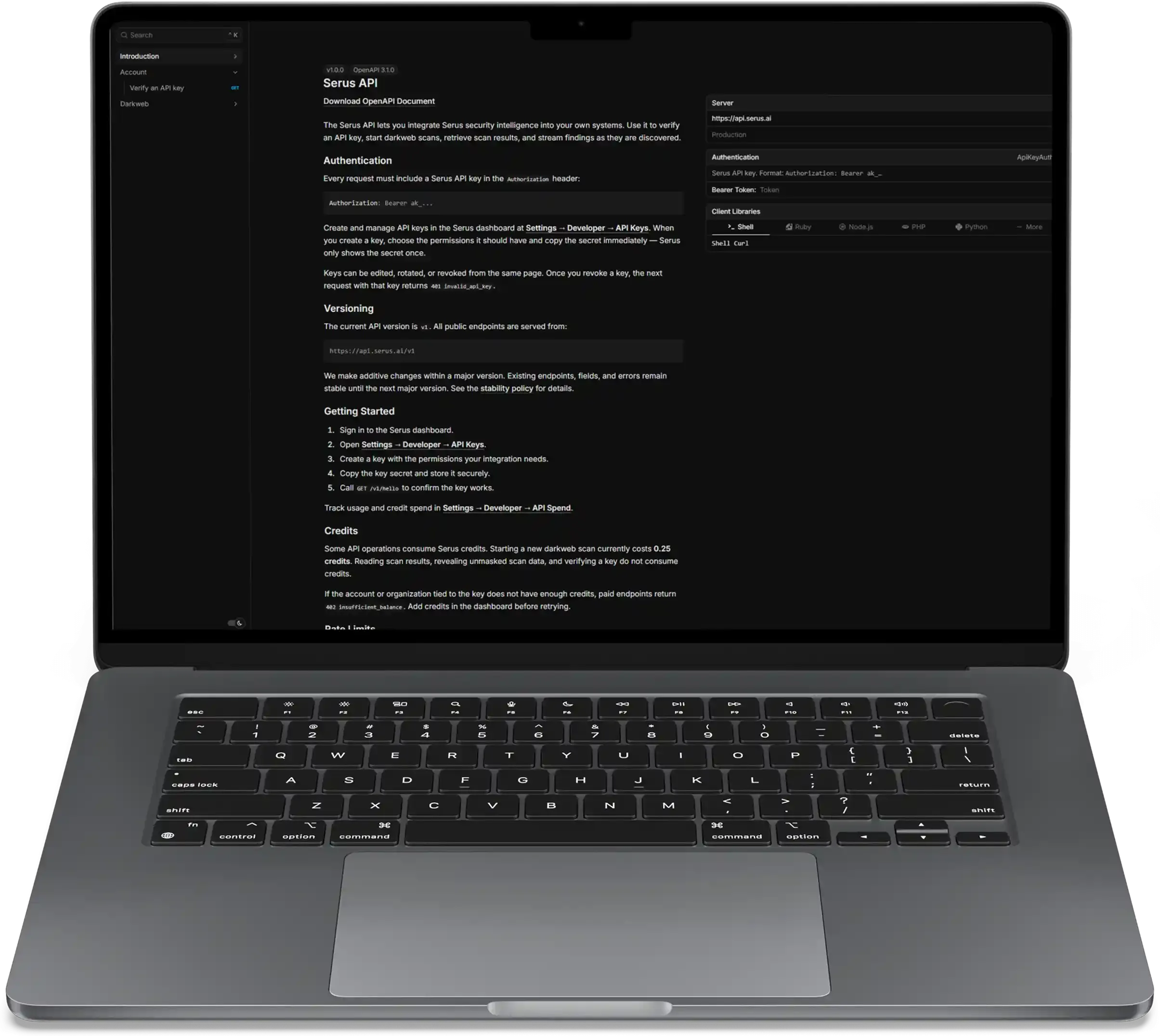 The Serus API reference open in a browser, showing authentication, versioning, and getting-started sections