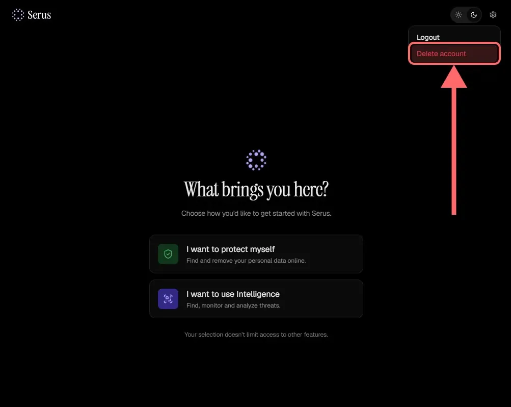 The settings menu open with the Delete account option highlighted