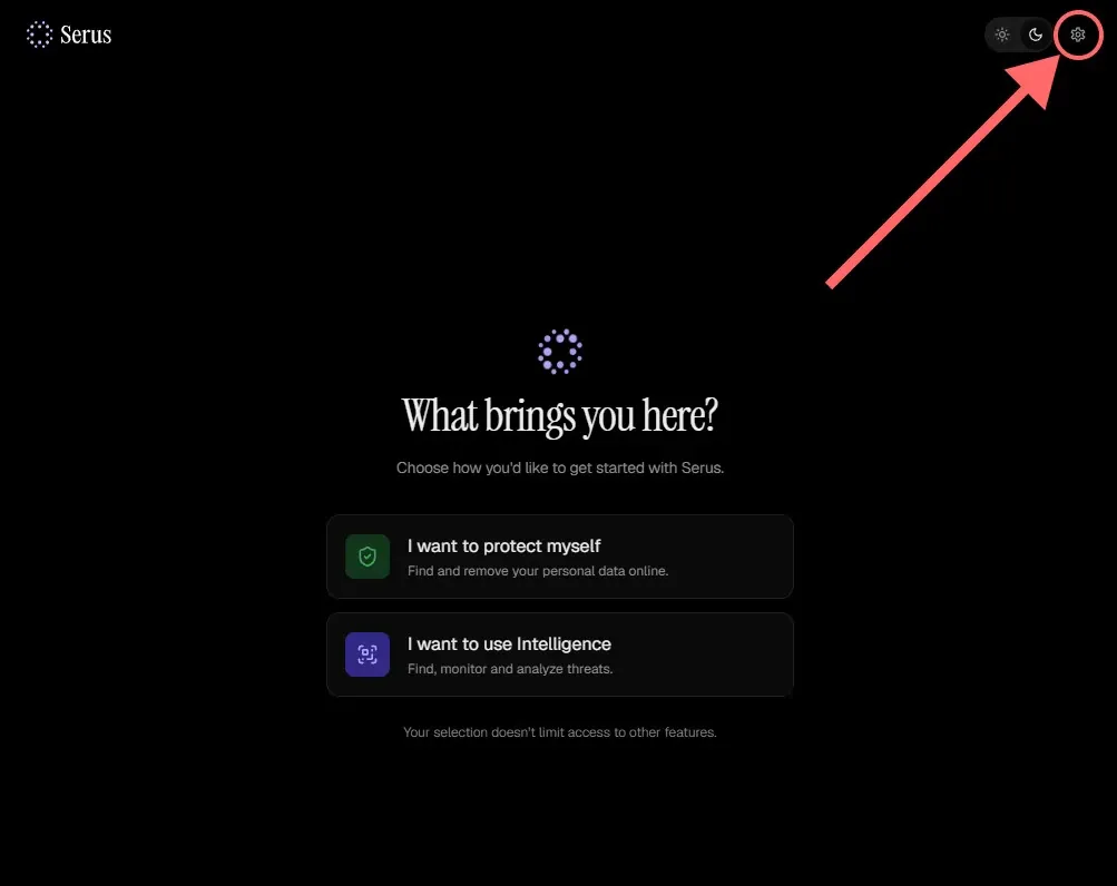 The Serus onboarding screen with the settings icon highlighted in the top-right corner